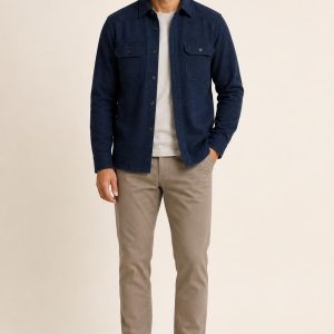 Men's Indigo Tonal Texture Utility Overshirt worn with an adult model