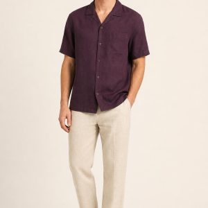 Men's Plum Tonal Texture Camp Shirt worn with an adult model