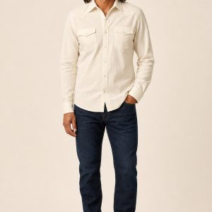 Men's Ivory Tonal Texture Western Shirt worn with an adult model