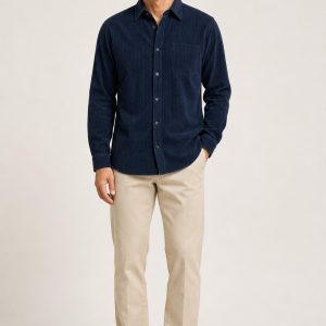 Men's Indigo Tonal Texture Corduroy Shirt worn with an adult model