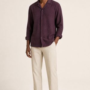 Men's Plum Tonal Texture Seersucker Shirt worn with an adult model