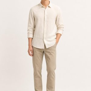 Men's Ivory Tonal Texture Twill Shirt worn with an adult model