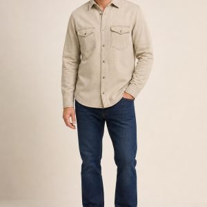 Men's Stone Tonal Texture Denim Shirt worn with an adult model