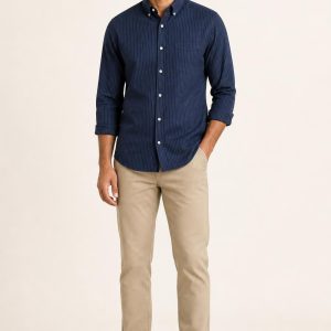 Men's Indigo Fine Stripe Oxford Shirt worn with an adult model