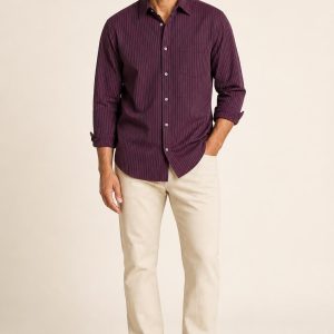 Men's Plum Fine Stripe Poplin Shirt worn with an adult model
