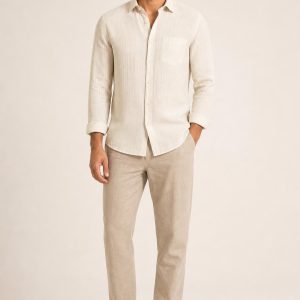 Men's Ivory Fine Stripe Linen Shirt worn with an adult model