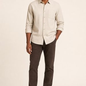 Men's Stone Fine Stripe Flannel Shirt worn with an adult model