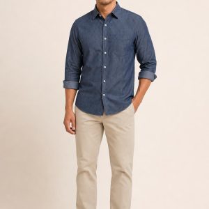 Men's Indigo Fine Stripe Chambray Shirt worn with an adult model
