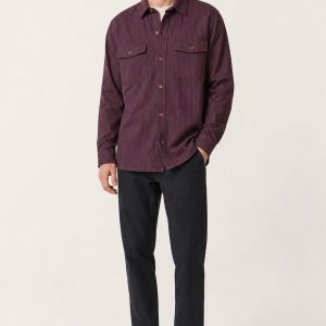Men's Plum Fine Stripe Utility Overshirt worn with an adult model