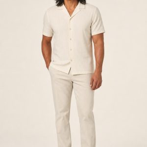 Men's Ivory Fine Stripe Camp Shirt worn with an adult model