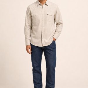 Men's Stone Fine Stripe Western Shirt worn with an adult model