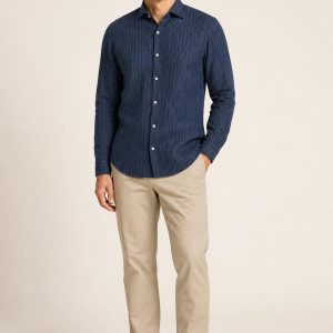 Men's Indigo Fine Stripe Dress Shirt worn with an adult model