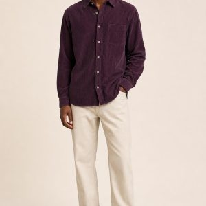 Men's Plum Fine Stripe Corduroy Shirt worn with an adult model