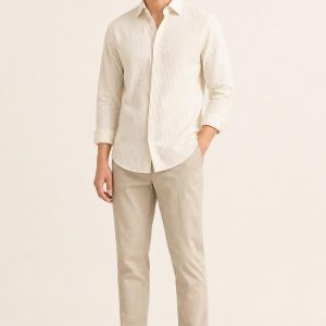 Men's Ivory Fine Stripe Seersucker Shirt worn with an adult model