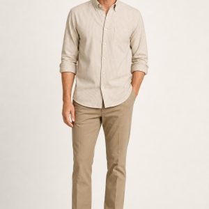 Men's Stone Fine Stripe Twill Shirt worn with an adult model