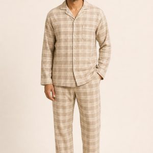 Men's Sand Flannel Pajama Set worn with an adult model