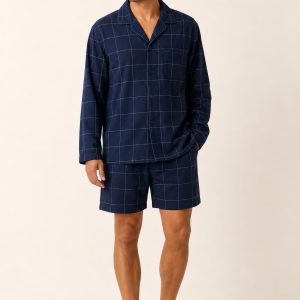 Men's Navy Sleep Shorts Set worn with an adult model