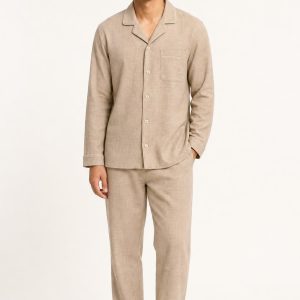 Men's Sand Tonal Texture Flannel Pajama Set worn with an adult model