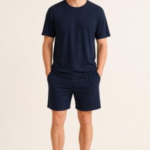 Men's Navy Tonal Texture Sleep Shorts Set worn with an adult model