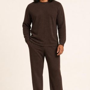 Men's Chocolate Tonal Texture Knit Sleep Set worn with an adult model