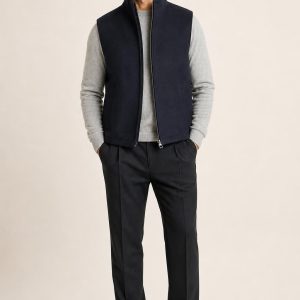 Navy Tailored Wool-Blend Vest worn with an adult model