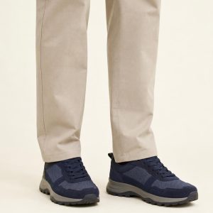 Men's Navy Two-tone Panel Trail Sneaker worn with an adult model