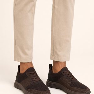 Men's Chocolate Two-tone Panel Knit Sneaker worn with an adult model