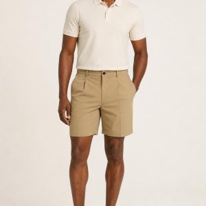 Khaki Pleated Shorts worn with an adult model