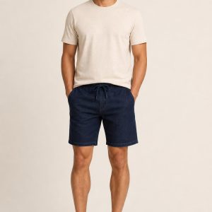 Navy Drawstring Shorts worn with an adult model