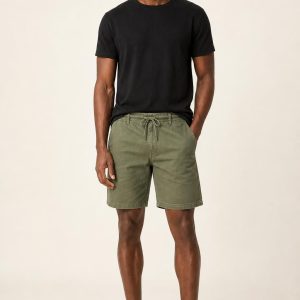 Men's Olive Drawstring Shorts worn with an adult model