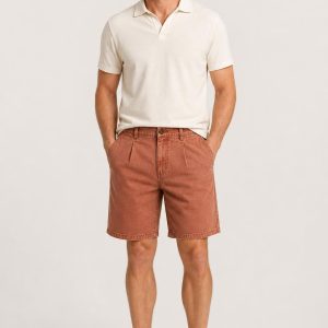 Men's Terracotta Pleated Shorts worn with an adult model