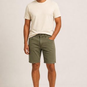 Men's Olive Denim Shorts worn with an adult model