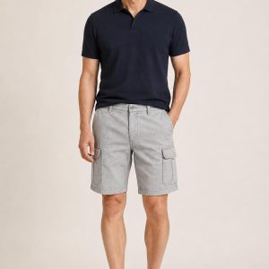 Men's Silver Tonal Texture Cargo Shorts worn with an adult model