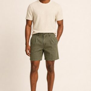 Men's Olive Tonal Texture Pleated Shorts worn with an adult model