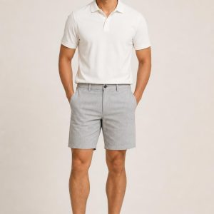 Men's Silver Fine Stripe Chino Shorts worn with an adult model