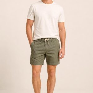 Men's Olive Fine Stripe Drawstring Shorts worn with an adult model