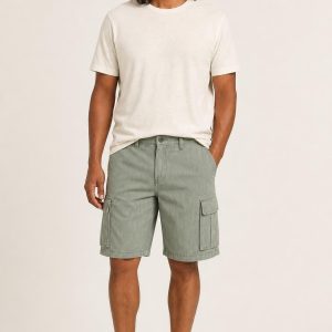 Men's Sage Fine Stripe Cargo Shorts worn with an adult model