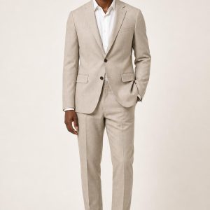 Men's Oatmeal Notch-Lapel Suit Jacket worn with an adult model