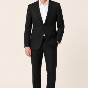 Men's Black Travel Suit Jacket worn with an adult model