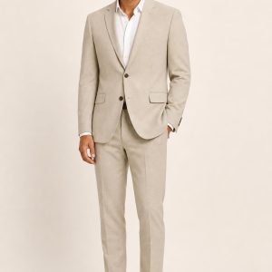Men's Oatmeal Single-Breasted Suit Jacket worn with an adult model