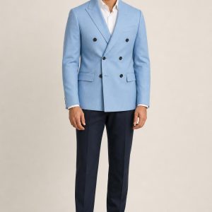 Men's Sky Double-Breasted Suit Jacket worn with an adult model