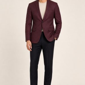 Men's Burgundy Tonal Texture Notch-Lapel Suit Jacket worn with an adult model