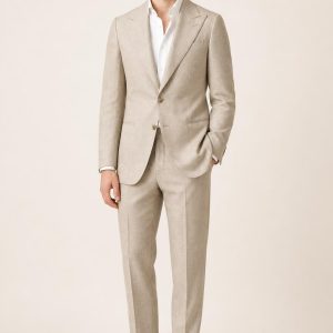 Men's Oatmeal Tonal Texture Peak-Lapel Suit Jacket worn with an adult model