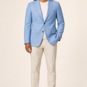 Men's Sky Tonal Texture Travel Suit Jacket worn with an adult model