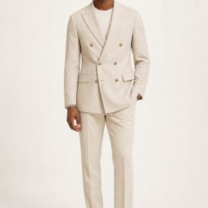 Men's Oatmeal Tonal Texture Double-Breasted Suit Jacket worn with an adult model
