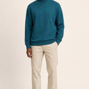 Men's Teal Mock-Neck Sweatshirt worn with an adult model