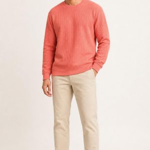 Men's Coral Waffle Sweatshirt worn with an adult model