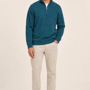 Men's Teal Tonal Texture Half-Zip Sweatshirt worn with an adult model
