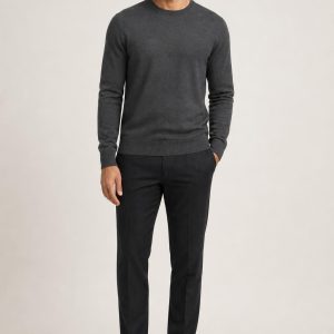 Charcoal Merino Crewneck worn with an adult model
