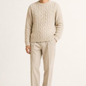 Oatmeal Cable Knit Sweater worn with an adult model